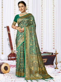 Teal Blue Satin Saree With Blouse Piece