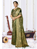 Green Satin Saree With Blouse Piece