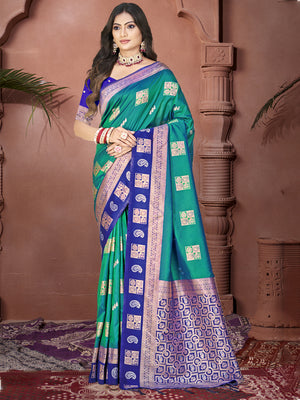 Teal Silk Saree With Blouse Piece