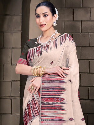 Cream Cotton Saree With Grey Blouse Piece