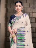 Cream Cotton Saree With Navy Blue Blouse Piece