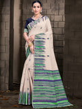 Cream Cotton Saree With Navy Blue Blouse Piece