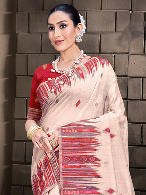 Cream Cotton Saree With Red Blouse Piece