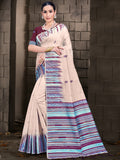 Cream Cotton Saree With Magenta Blouse Piece