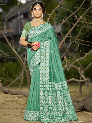 Teal Linen Saree With Blouse Piece