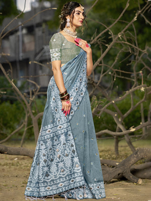 Grey Linen Saree With Blouse Piece