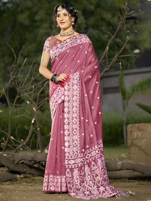 Pink Linen Saree With Blouse Piece