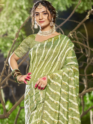 Green Linen Saree With Blouse Piece