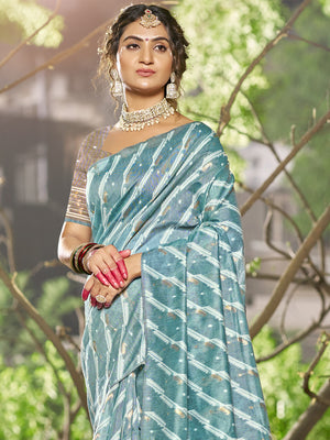 Blue Linen Saree With Blouse Piece