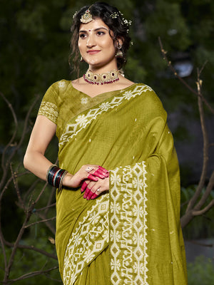 Olive Cotton Saree With Blouse Piece