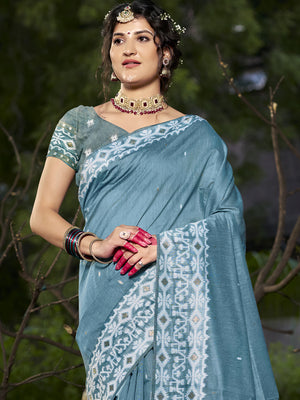 Blue Cotton Saree With Blouse Piece