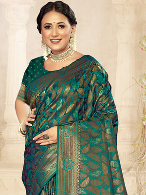 Green Satin Saree With Blouse Piece