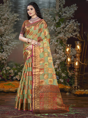 Beige Chanderi Saree With Blouse Piece