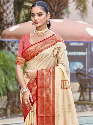 Cream Silk Saree With Blouse Piece