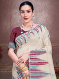 Cream Cotton Saree With Burgundy Blouse Piece