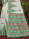 Cream Cotton Saree With Sea Green Blouse Piece