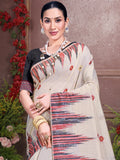 Cream Cotton Saree With Black Blouse Piece