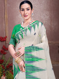 Cream Cotton Saree With Light Green Blouse Piece