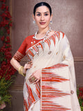 Cream Cotton Saree With Orange Blouse Piece