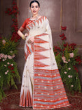 Cream Cotton Saree With Orange Blouse Piece