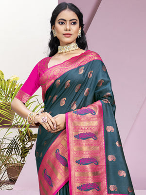 Teal Silk Saree With Blouse Piece