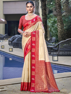 Cream Silk Saree With Blouse Piece