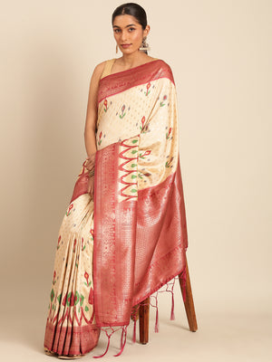 Cream Silk Saree With Blouse Piece