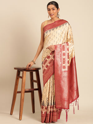 Cream Silk Saree With Blouse Piece