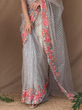 Grey Net Saree With Blouse Piece