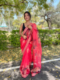 Red Organza Saree With Blouse Piece