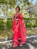 Red Organza Saree With Blouse Piece