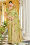 Green Banarasi Silk Saree With  Blouse Piece