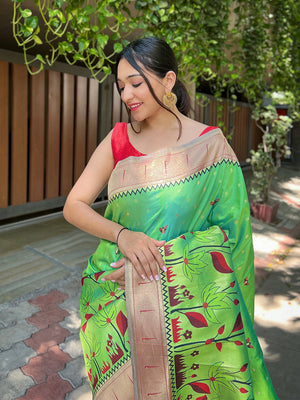 Green Paithani Silk Saree With Blouse Piece