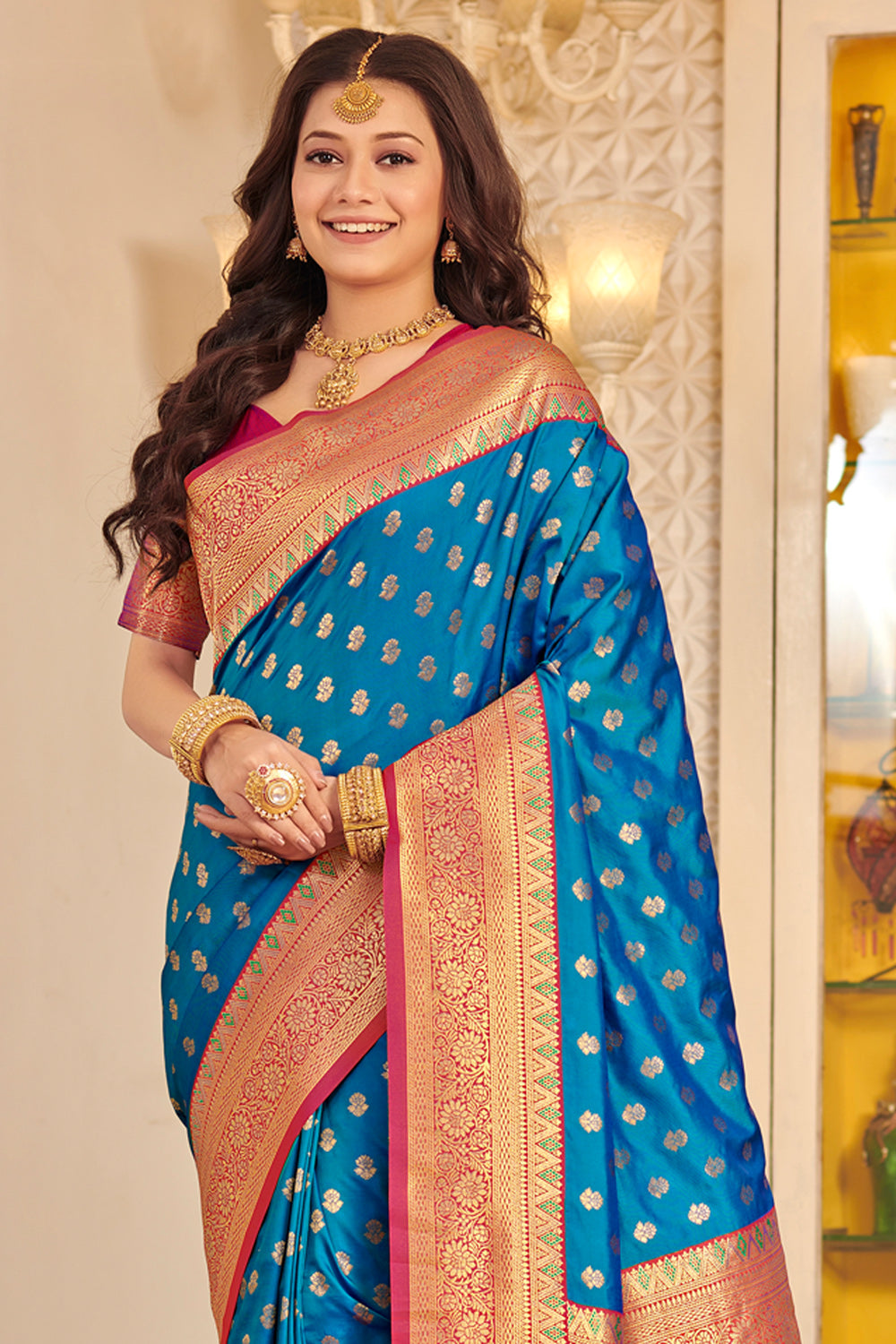 Parijaat Blue Silk Linen Saree with Embroidery