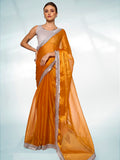 Mustard Organza Party Wear Saree With Blouse Piece