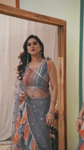 Grey Net Saree With Blouse Piece