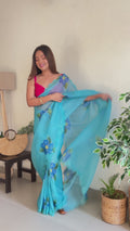 Sky Blue Organza Saree With Blouse Piece