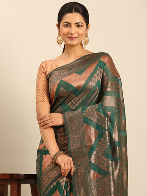 Green Cotton Saree With Blouse Piece