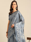 Grey Cotton Blend Saree With Blouse Piece