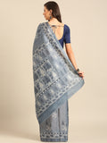 Grey Cotton Blend Saree With Blouse Piece