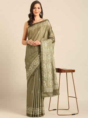 Olive Cotton Blend Saree With Blouse Piece