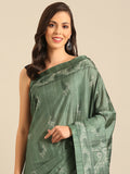 Green Cotton Blend Saree With Blouse Piece