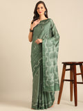 Green Cotton Blend Saree With Blouse Piece