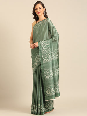 Green Cotton Blend Saree With Blouse Piece