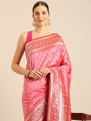 Pink Silk Blend Saree With Blouse Piece