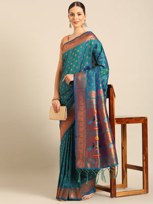 Turquoise Silk Blend Saree With Blouse Piece