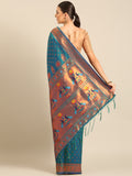 Turquoise Silk Blend Saree With Blouse Piece