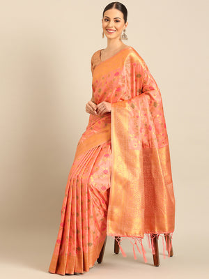 Pink Silk Blend Saree With Blouse Piece