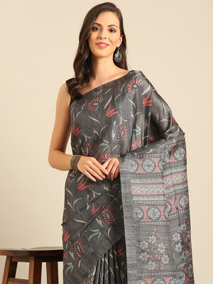 Grey Cotton Blend Saree With Blouse Piece