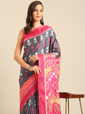 Grey Cotton Blend Saree With Blouse Piece